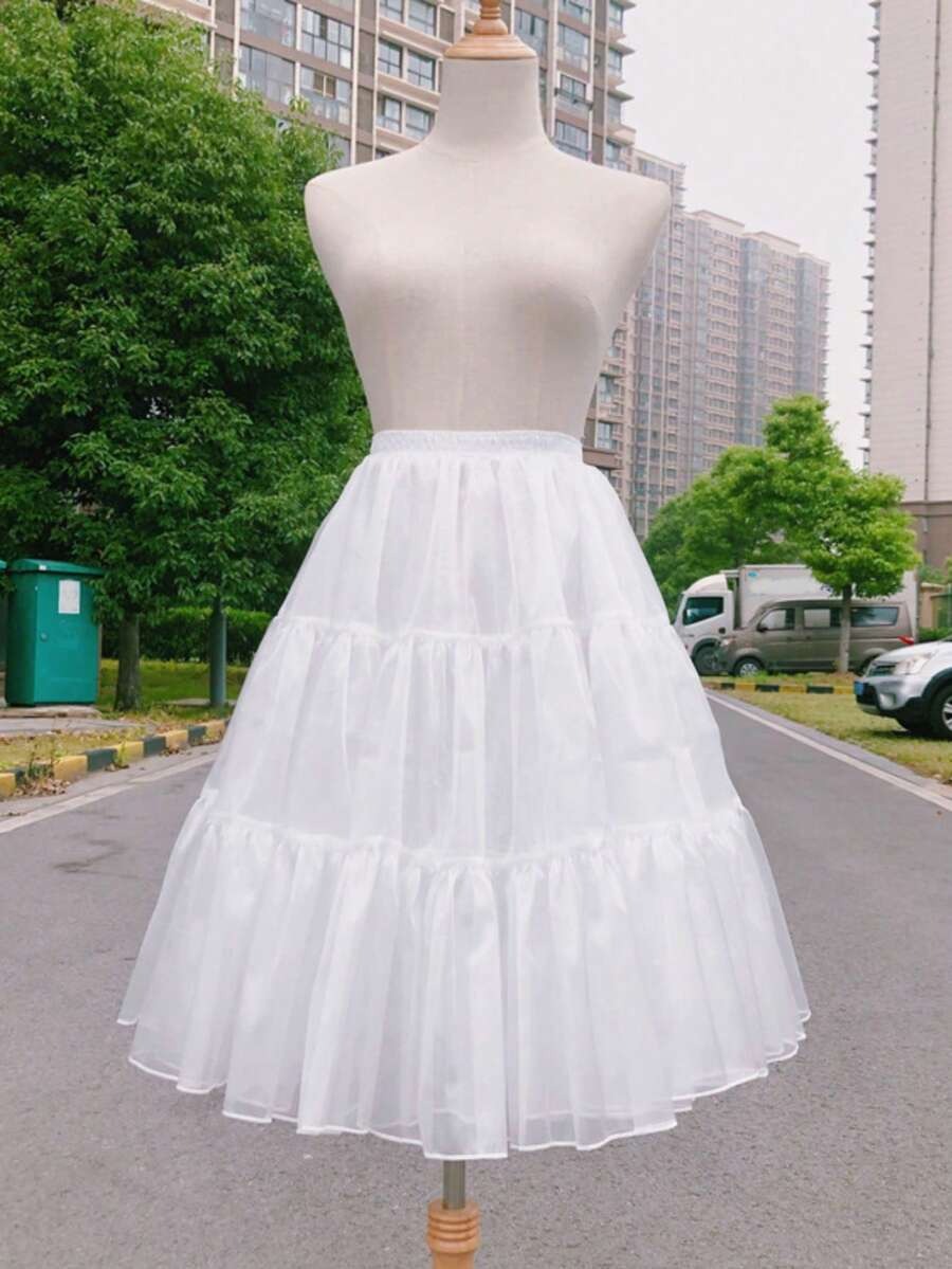 Girls white 3-layer boneless petticoat front view on mannequin, full silhouette
