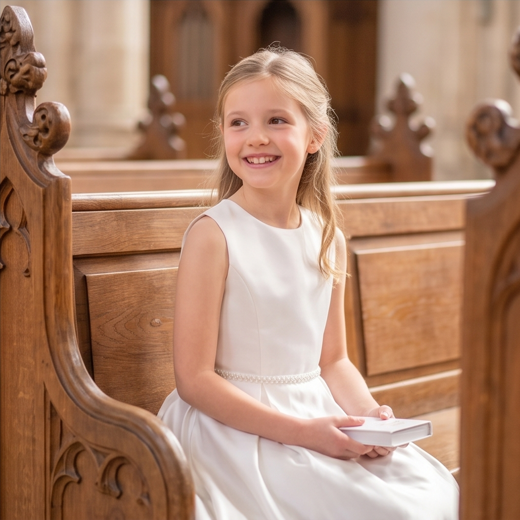 Young girl in a white dress sitting on a wooden church pew holding a book.