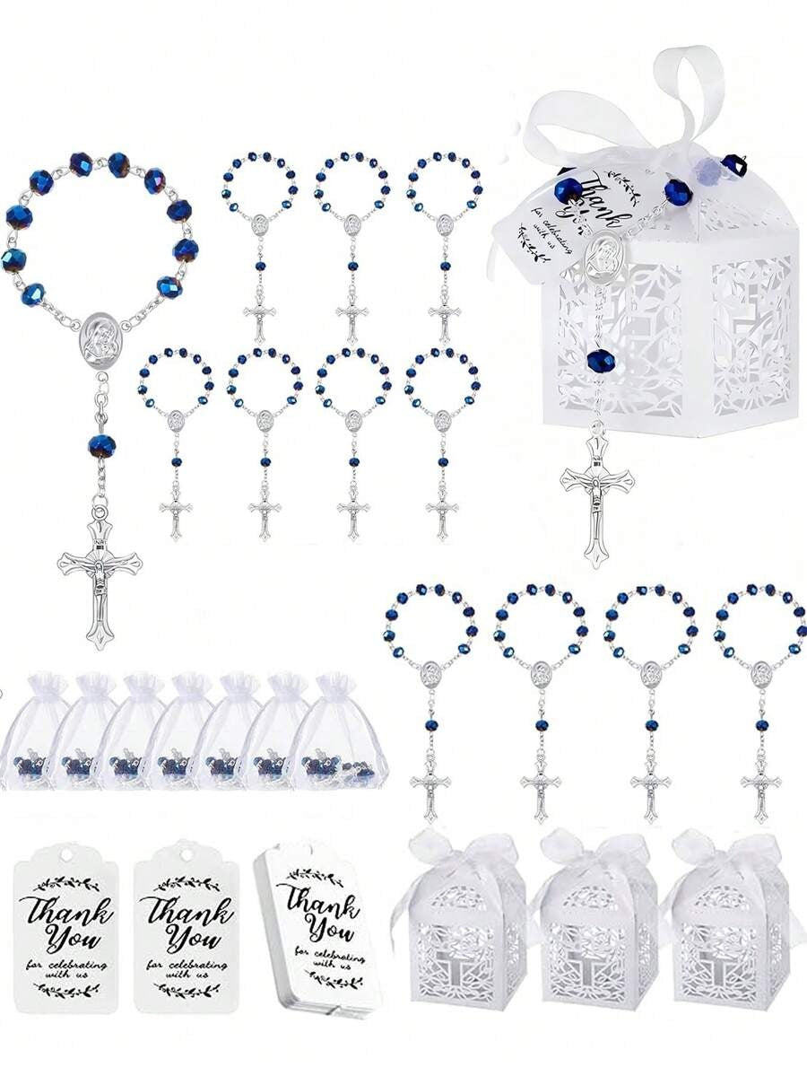 Blue crystal rosary bracelet favour set showing 6 bracelets, organza bags, gift boxes and thank you tags on white background