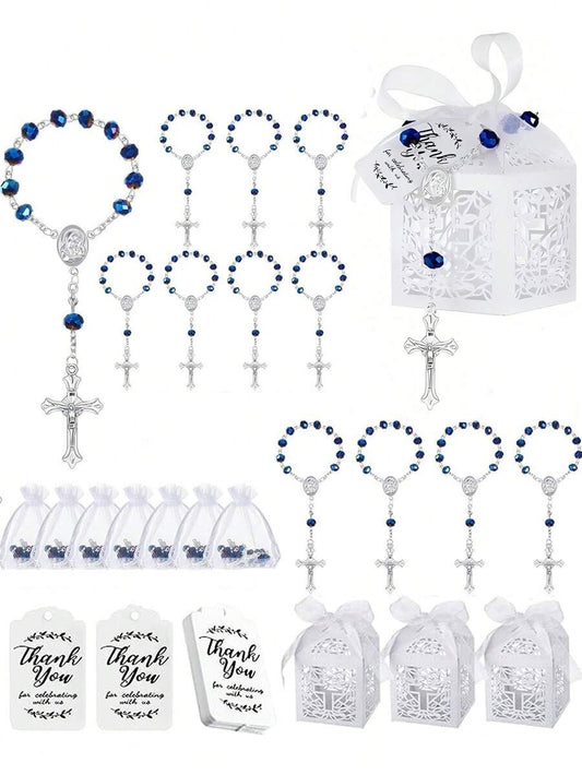 Blue crystal rosary bracelet favour set showing 6 bracelets, organza bags, gift boxes and thank you tags on white background