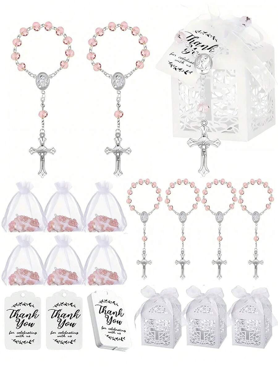 Pink crystal rosary bracelet favour set showing 6 bracelets, organza bags, gift boxes and thank you tags on white background
