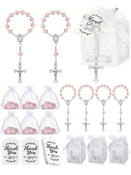 Pink crystal rosary bracelet favour set showing 6 bracelets, organza bags, gift boxes and thank you tags on white background