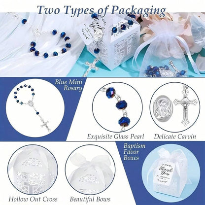 Blue crystal rosary bracelet favour set packaging showing hollow cross laser-cut gift box with ribbon and organza bag