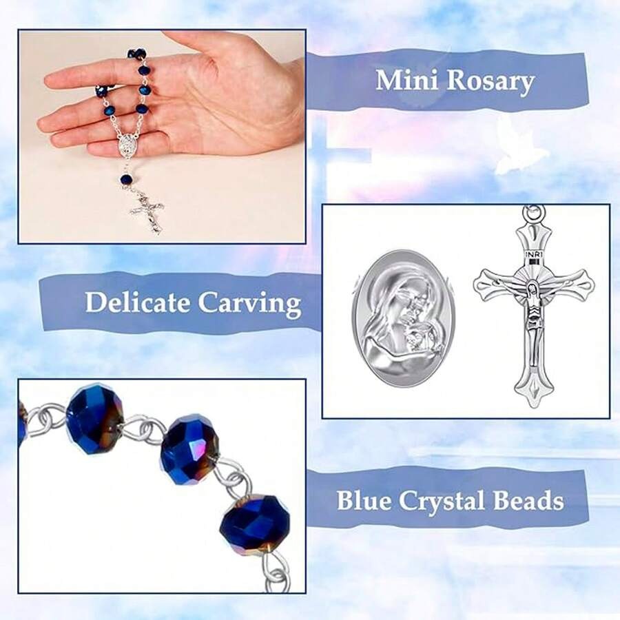 Blue crystal rosary bracelet favour set of 6 with white organza bags, laser-cut gift boxes and thank you tags flat lay on white background