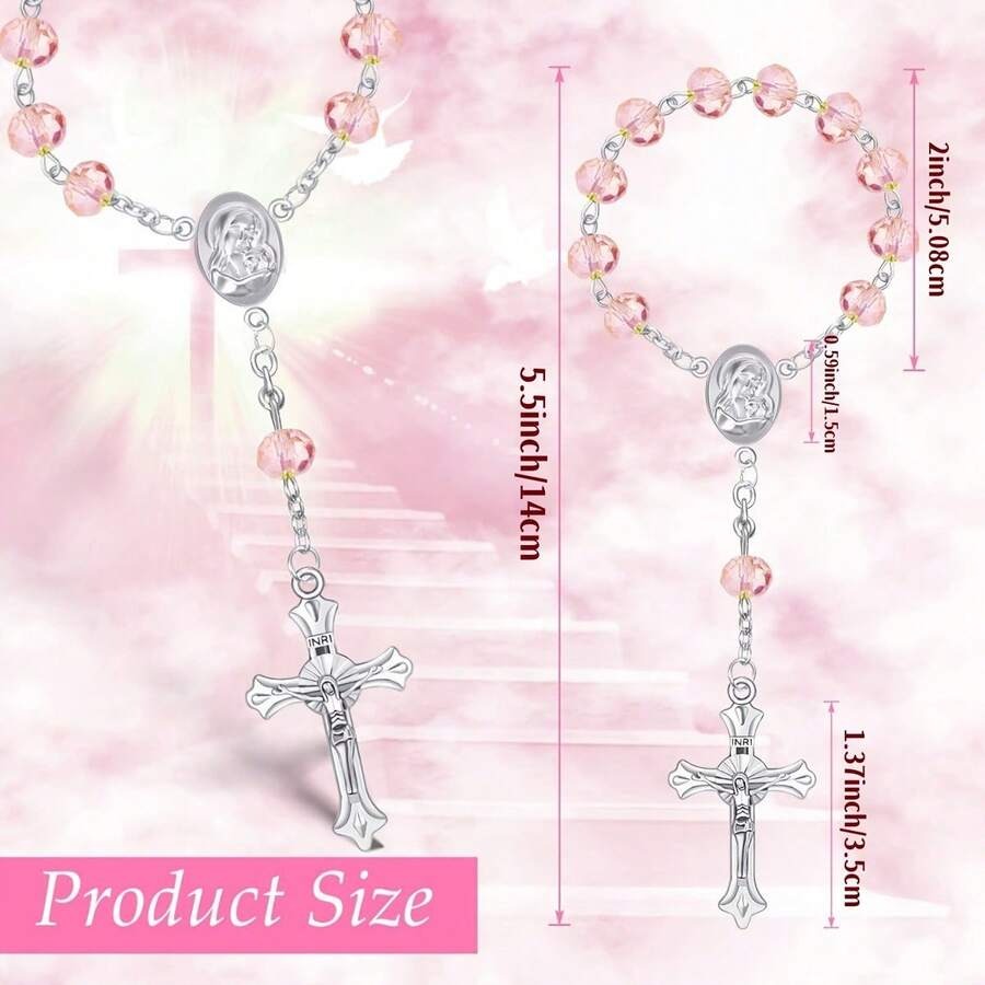 Pink crystal rosary bracelet favour set of 6 with white organza bags, laser-cut gift boxes, thank you tags flat lay on white background