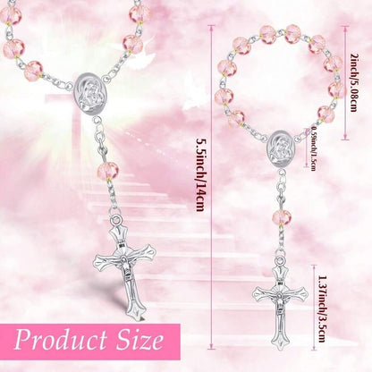 Pink crystal rosary bracelet favour set of 6 with white organza bags, laser-cut gift boxes, thank you tags flat lay on white background