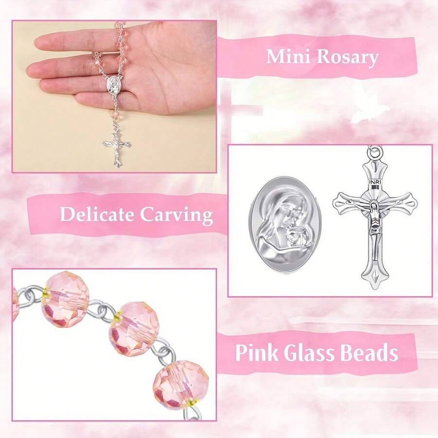 Pink crystal rosary bracelet size guide showing 5cm bracelet diameter and 14cm total length with silver crucifix and Madonna medal
