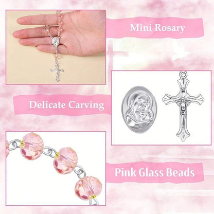 Pink crystal rosary bracelet size guide showing 5cm bracelet diameter and 14cm total length with silver crucifix and Madonna medal