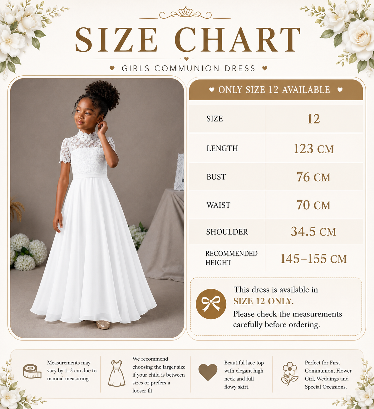 Size chart for a girls communion dress with a model wearing the dress.