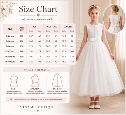 VINAM BOUTIQUE Size Chart - White Lace Pearl Communion Dress - All measurements in CM