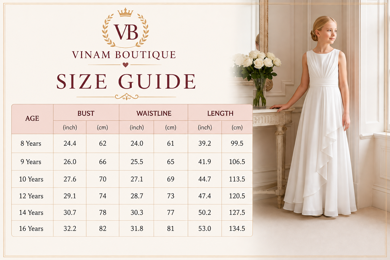A size guide chart for Vinam Boutique dress sizes, featuring a table with age, bust, waistline, and length measurements in inches and centimeters. A young girl wearing a sleeveless white A-line dress stands beside a console table with flowers in a bright interior setting.