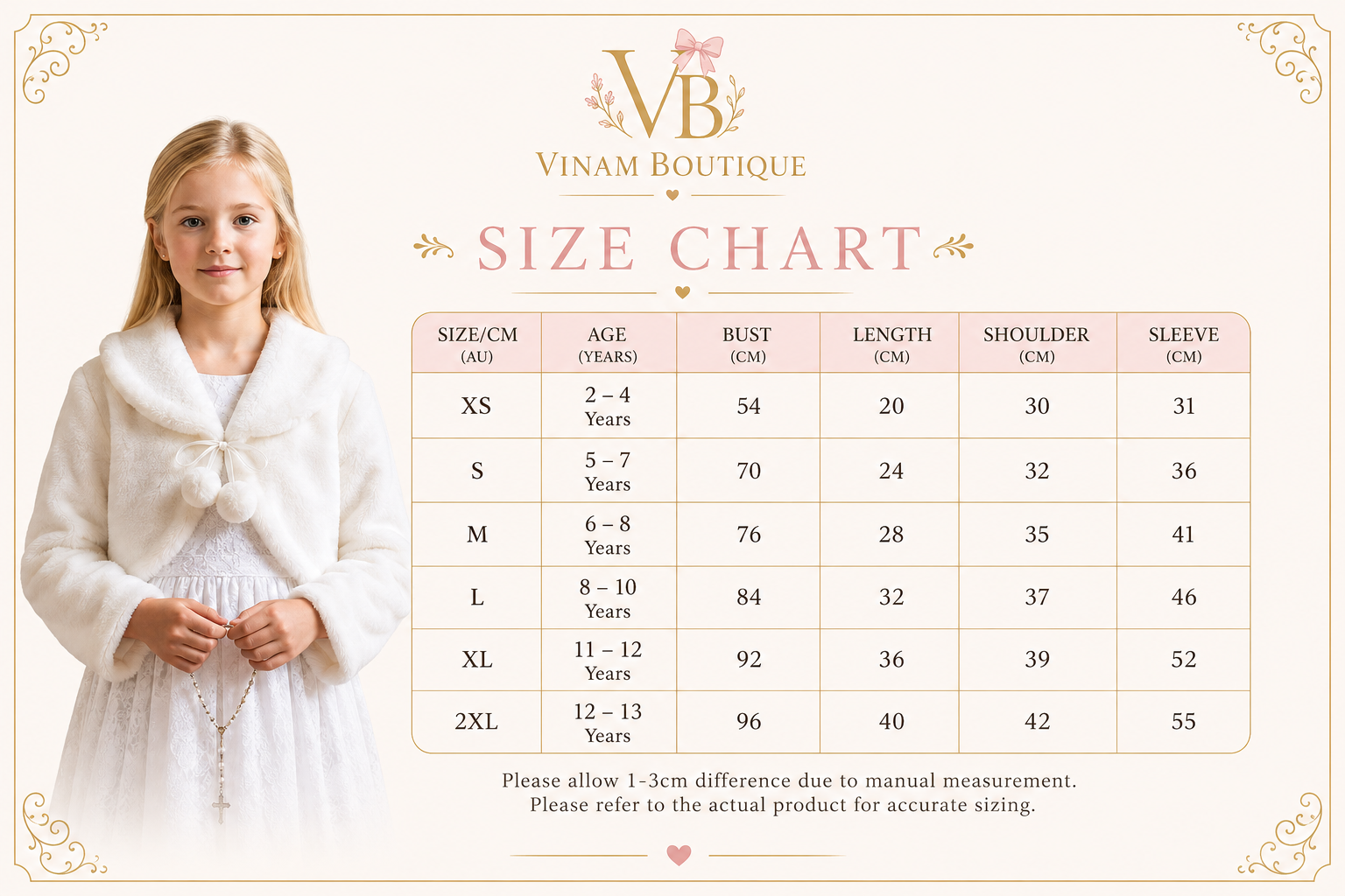 A size chart graphic for Vinam Boutique featuring a young girl in a white dress on the left and a size table on the right with age and measurements from XS to 2XL.