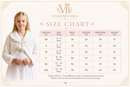 A size chart graphic for Vinam Boutique featuring a young girl in a white dress on the left and a size table on the right with age and measurements from XS to 2XL.