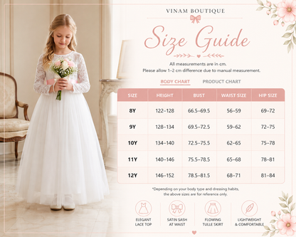 A size guide infographic for a children's lace tulle wedding dress by Vinam Boutique, featuring a young girl in a white lace and tulle gown holding flowers on the left, alongside a body chart table on the right with height, bust, waist size, and hip size measurements for sizes 8Y to 12Y.