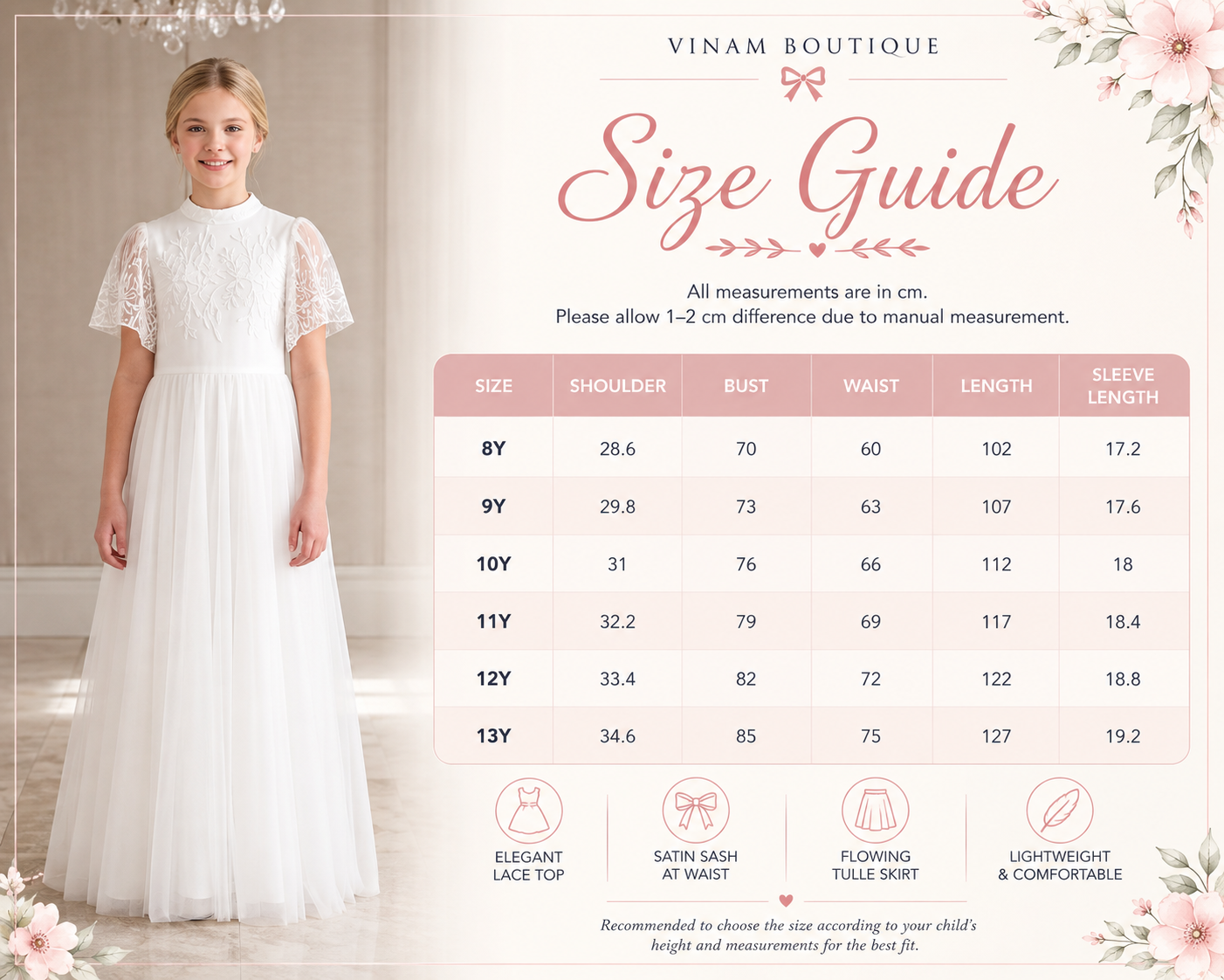 A size guide infographic for a children's white lace dress by Vinam Boutique, featuring a young girl wearing the dress on the left and a detailed measurement table on the right with height, shoulder, bust, waist, length, and sleeve length measurements in centimeters.