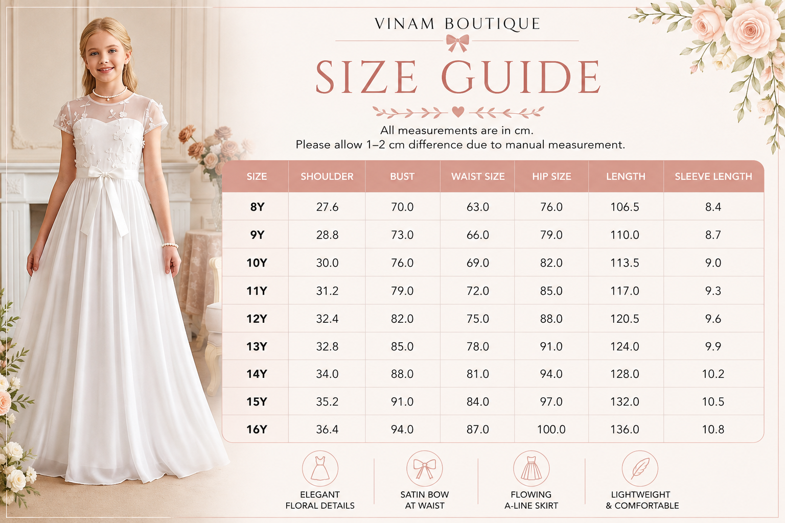 A size guide infographic for a white satin A-line skirt by Vinam Boutique, featuring a model wearing the dress on the left and a detailed size measurement table on the right with height, bust, hip, length, and sleeve measurements from size 8Y to 16Y.