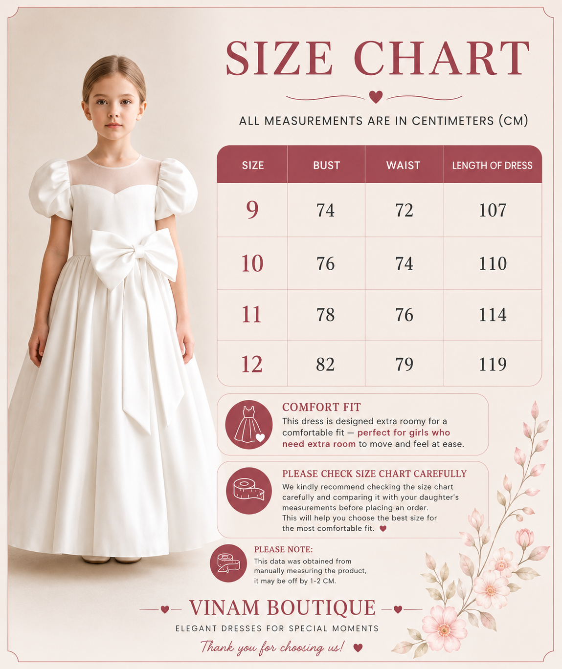 Vinam Boutique size chart