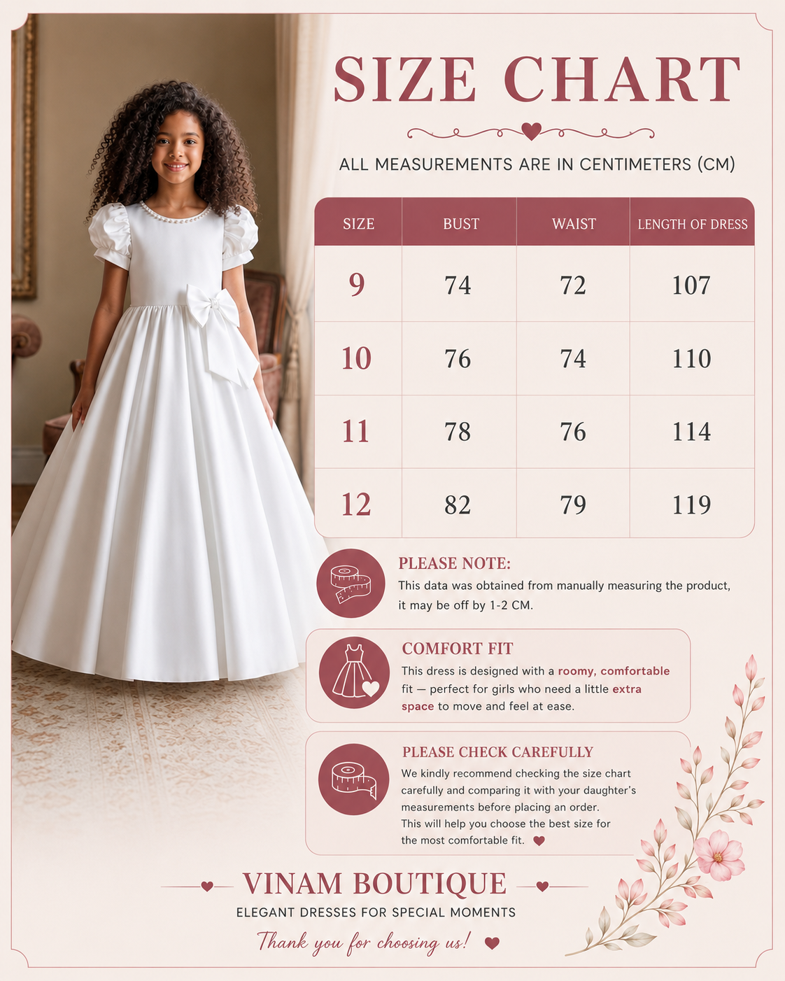 Vinam Boutique size chart