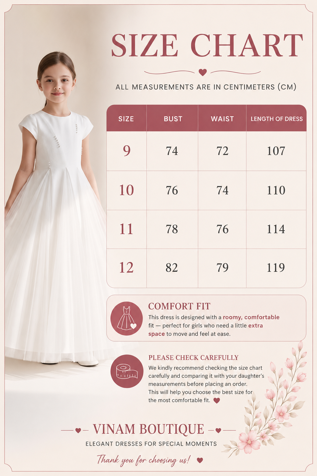 A size chart poster for Vinam Boutique girls' dresses, featuring a young girl wearing a white sleeveless dress on the left and a size measurement table on the right with bust, waist, and length measurements in centimeters for sizes 9 to 12.
