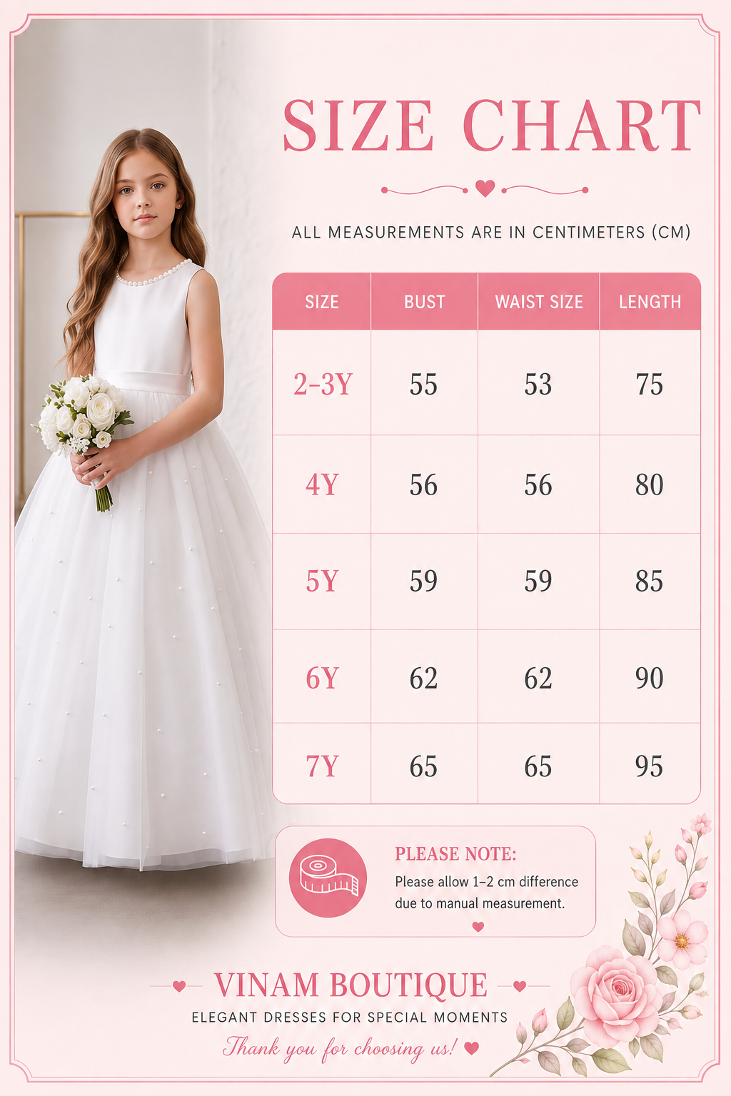 Size chart for girls white pearl tulle dress sizes 2-3Y to 7Y