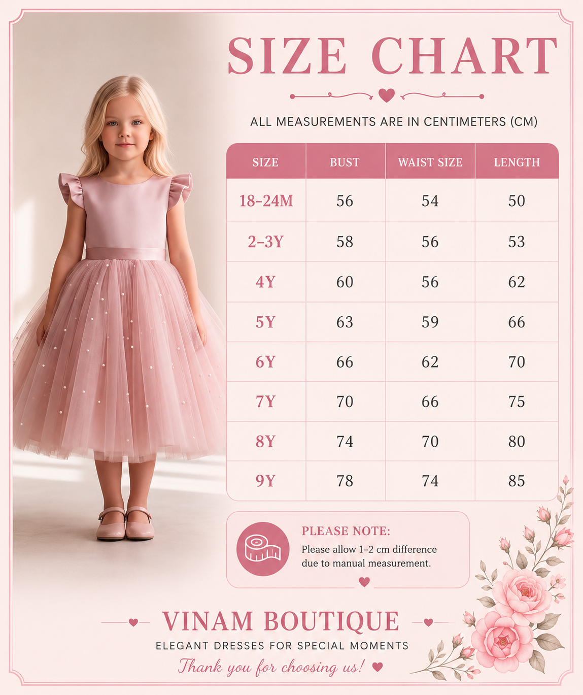 A pink size chart poster for a girls' dress by Vinam Boutique, featuring a young girl modeling a light pink dress on the left and a size measurement table on the right with bust, waist size, and length measurements in centimeters.
