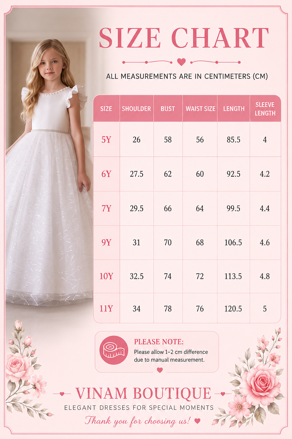 A pink size chart graphic for a girls' white dress, featuring a young girl wearing the dress on the left and a centered measurement table with shoulder, bust, waist size, length, and sleeve length in centimeters. The text reads 'SIZE CHART' and 'ALL MEASUREMENTS ARE IN CENTIMETERS (CM)'.