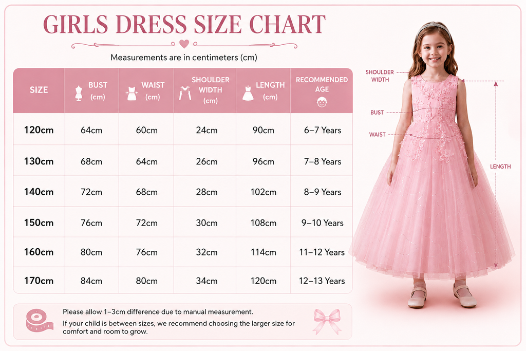 Girls dress size chart with a pink dress and measurements