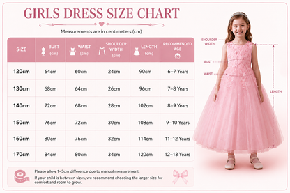 Girls dress size chart with a pink dress and measurements