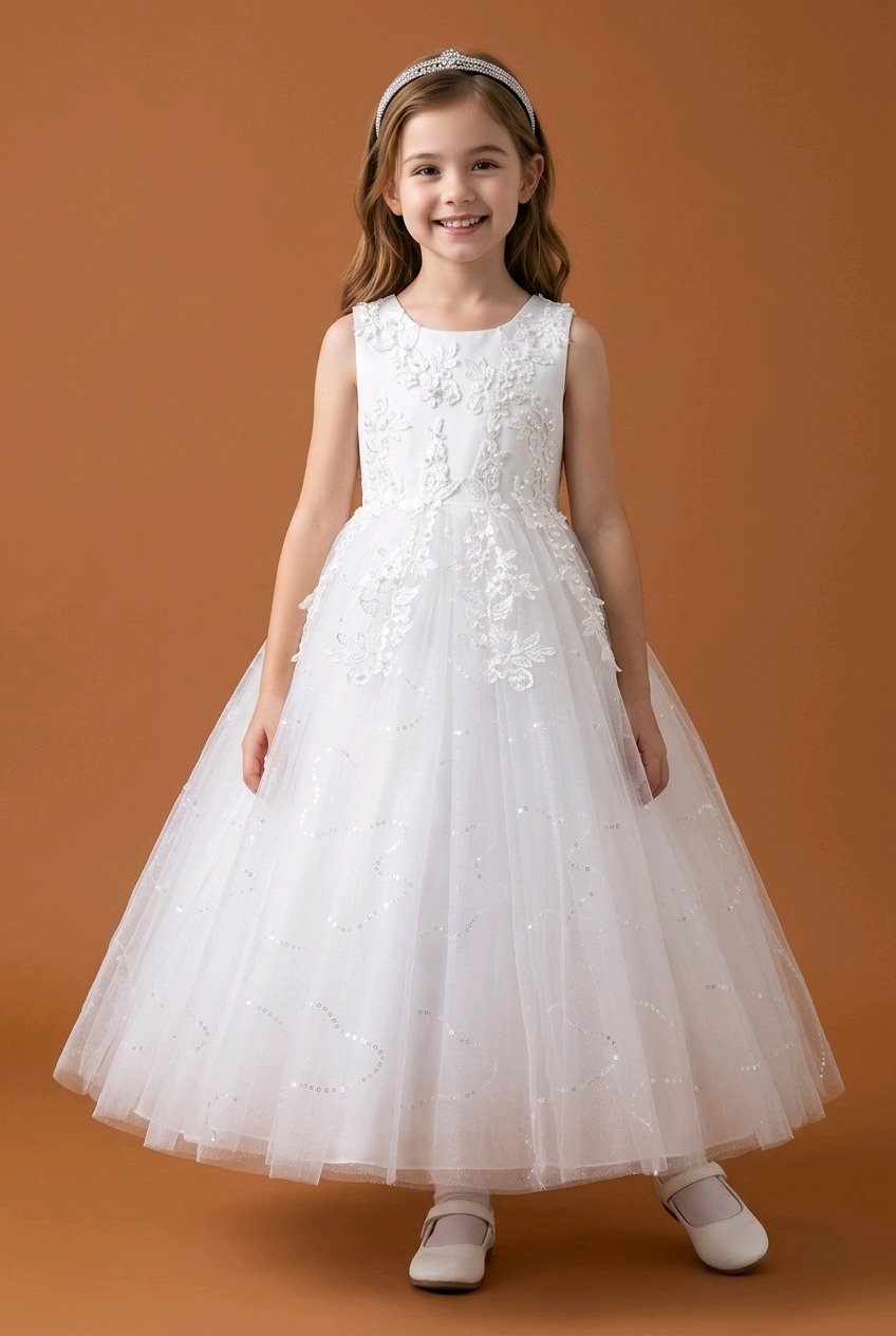 Young girl wearing a white floral dress on an orange background