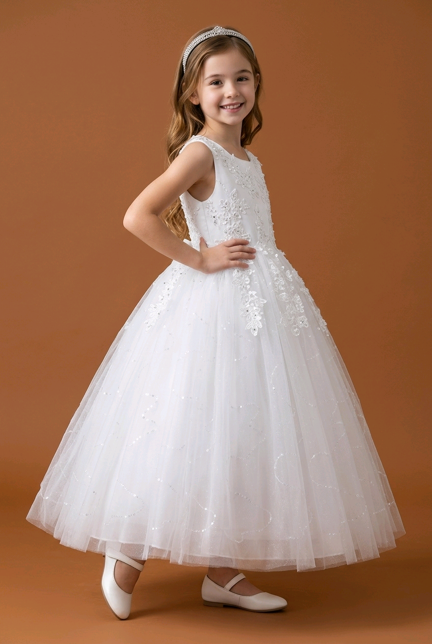 Young girl wearing a white floral dress against an orange background