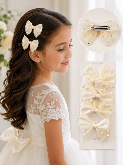 Young girl with decorative hair clips and a display of similar clips.