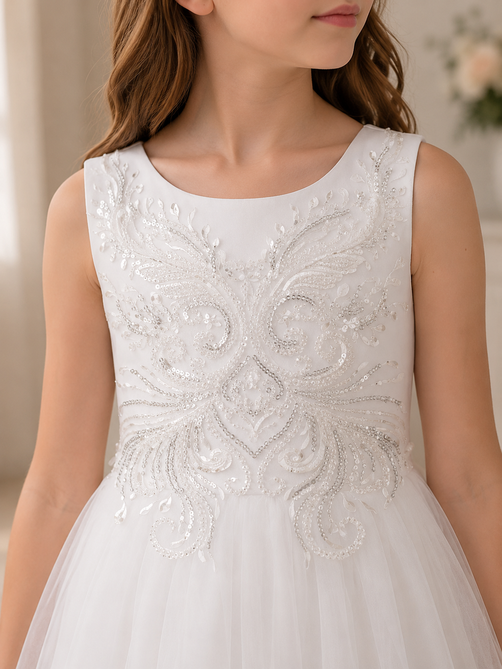 Close-up of a white dress with intricate beading details.