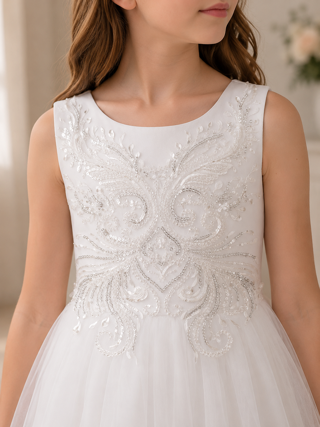 Close-up of a white dress with intricate beading details.