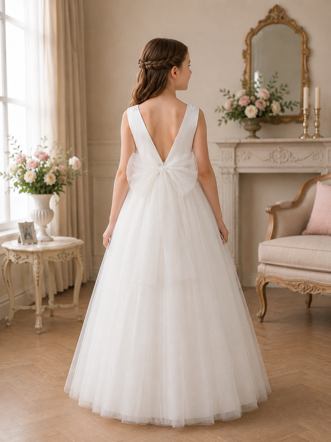 Girl in a white wedding dress standing in a elegant room with floral arrangements and a fireplace.