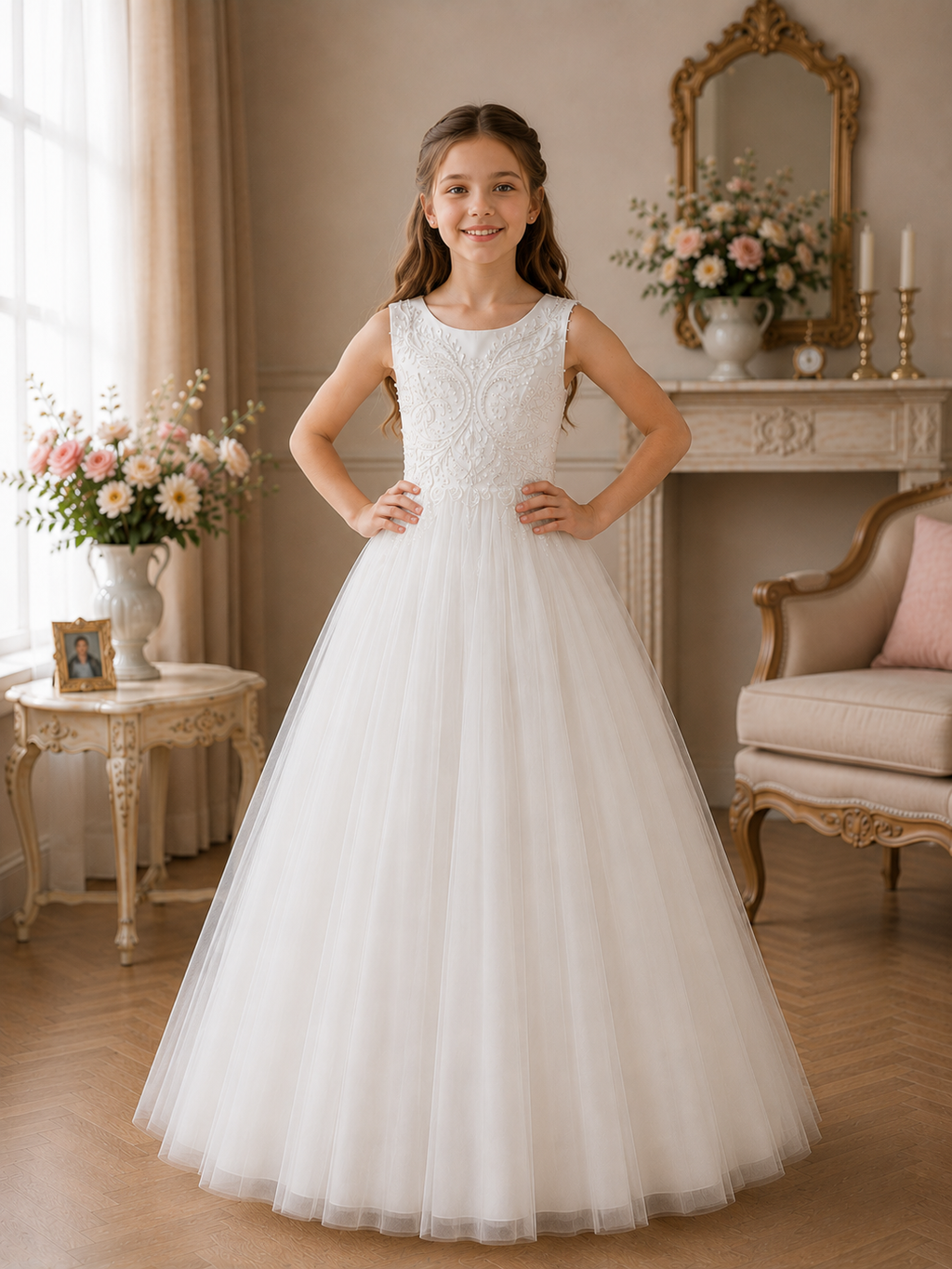 Young girl in a white dress standing in a elegantly decorated room with flowers and furniture.