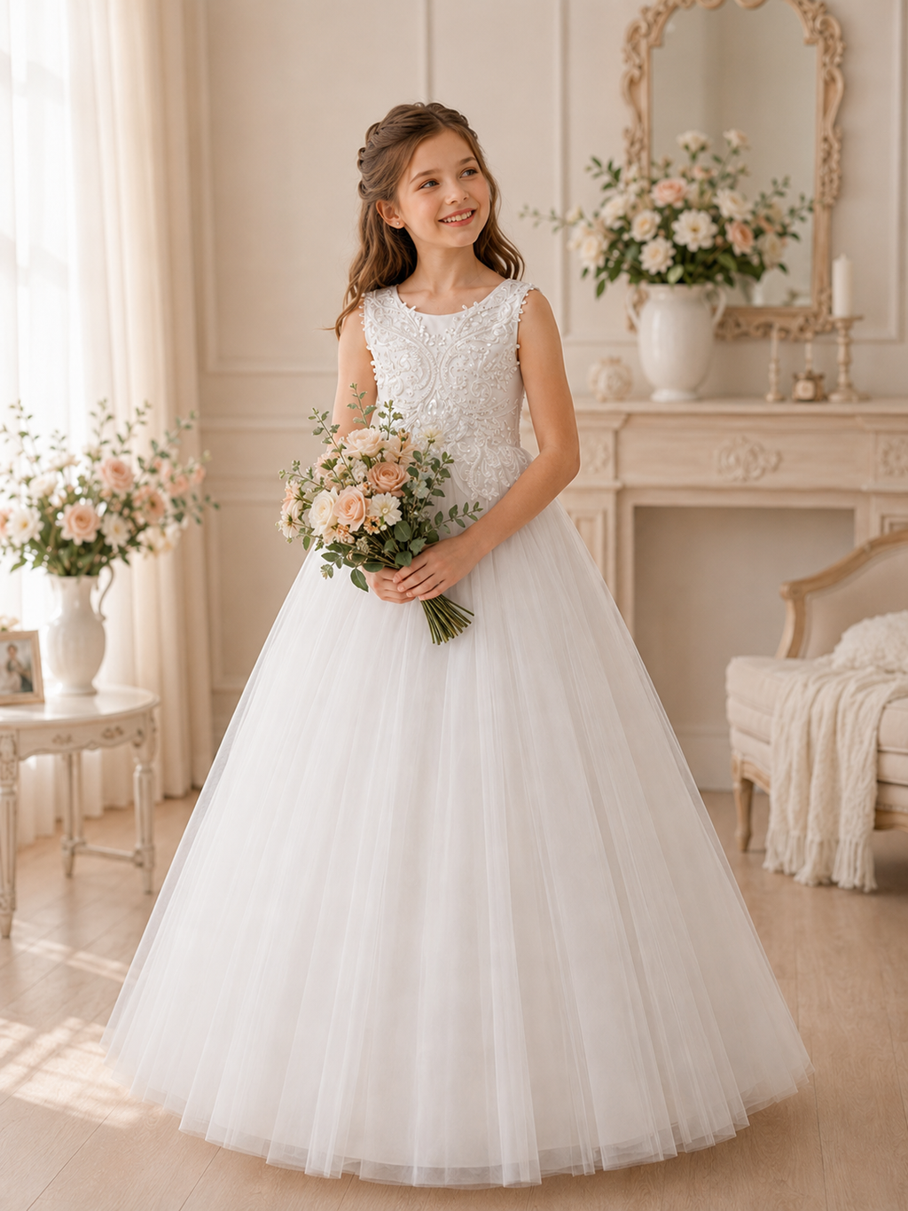 Young girl in a white dress holding flowers in a decorated room.