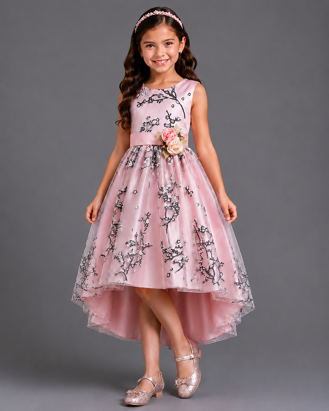 Young girl wearing a pink floral dress against a gray background