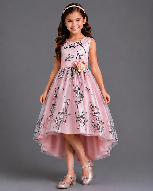 Young girl wearing a pink floral dress against a gray background