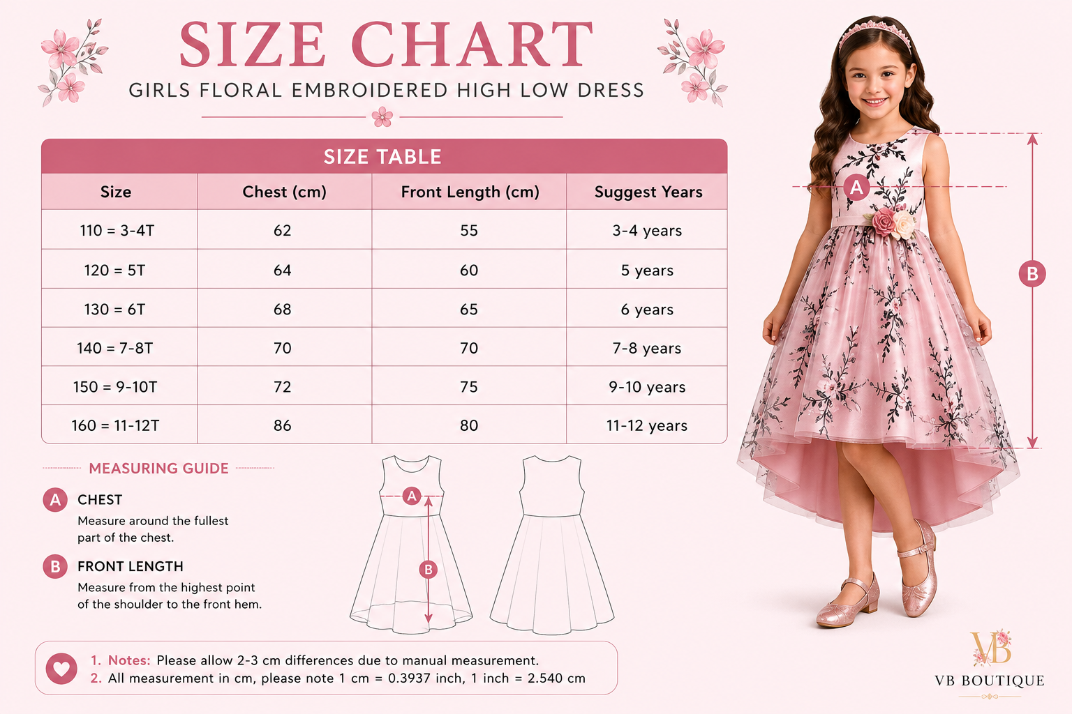 Size chart for girls' floral embroidered high low dress with a model wearing the dress.