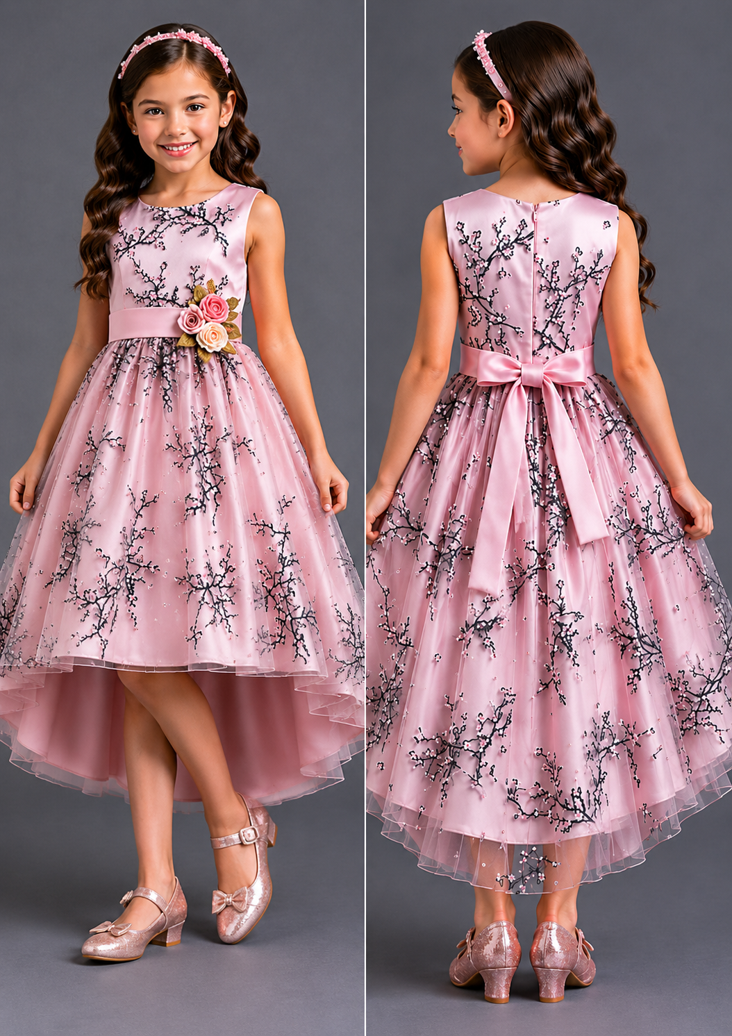 Pink floral dress worn by a girl on a gray background
