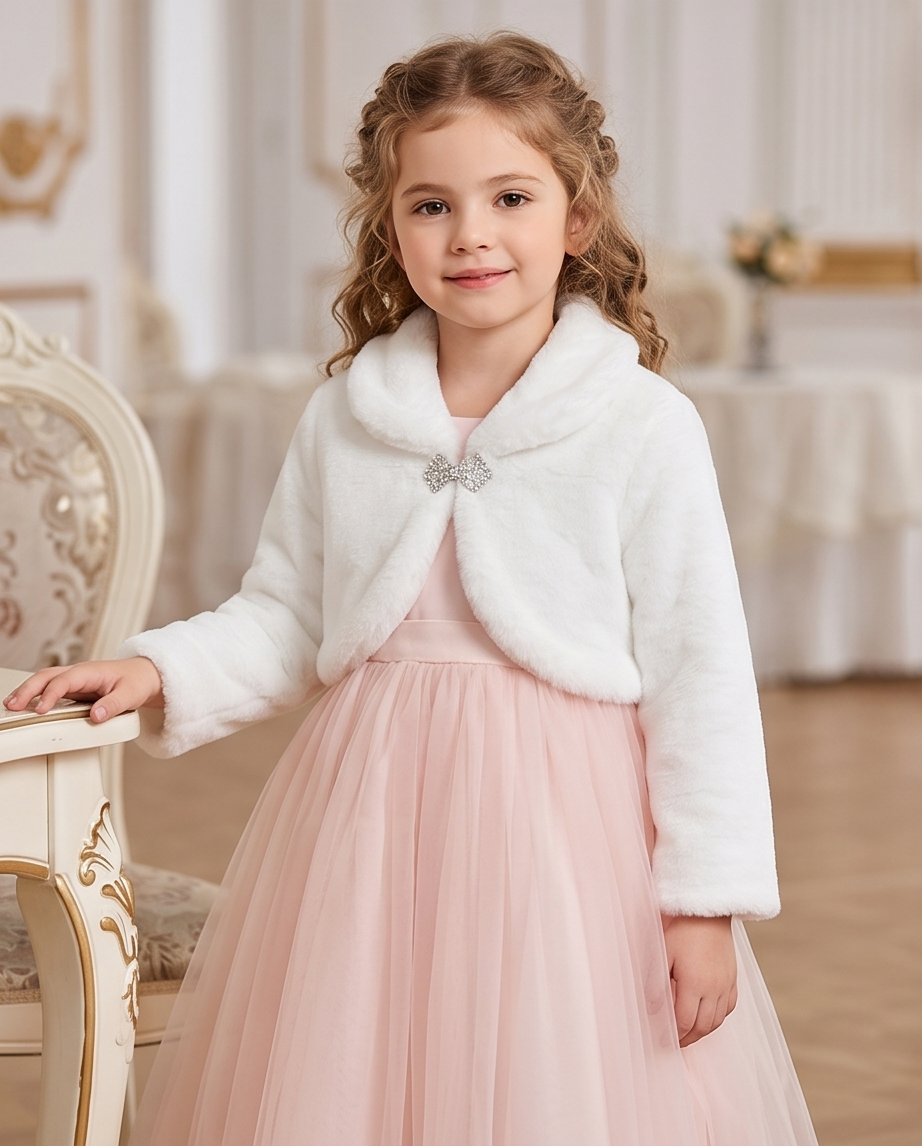 Young girl in a white fur shrug and pink dress standing in an elegant room.