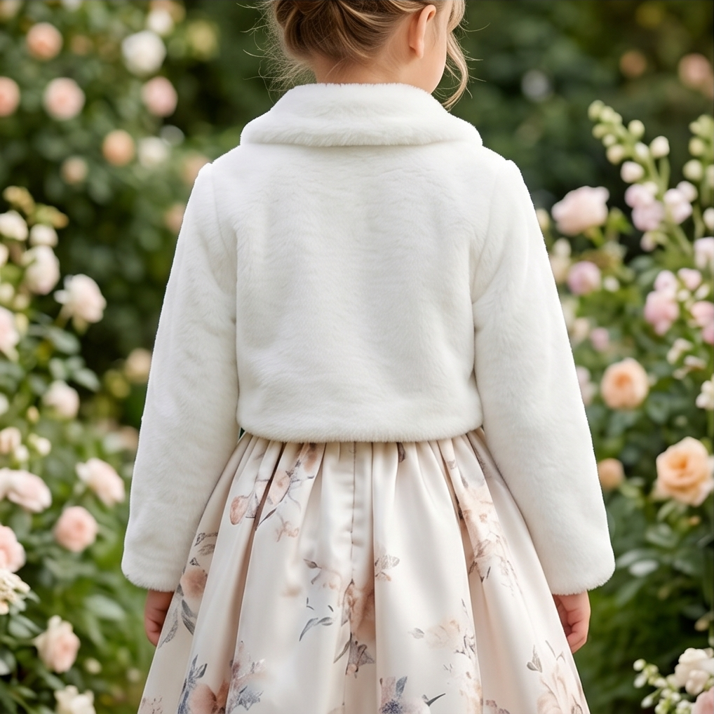 Child wearing a white coat and floral dress standing in a garden with flowers.