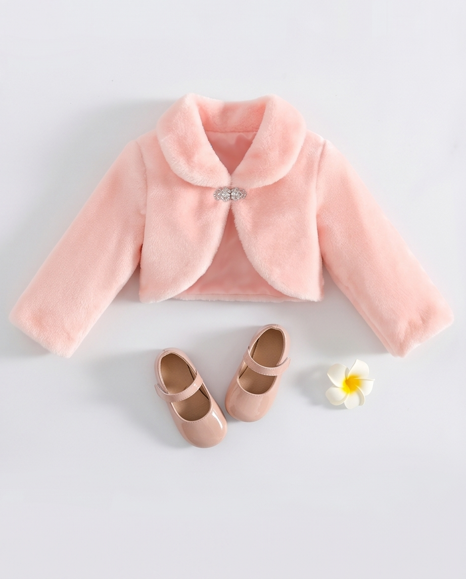 Pink children's jacket and shoes on a light gray background with a small flower.