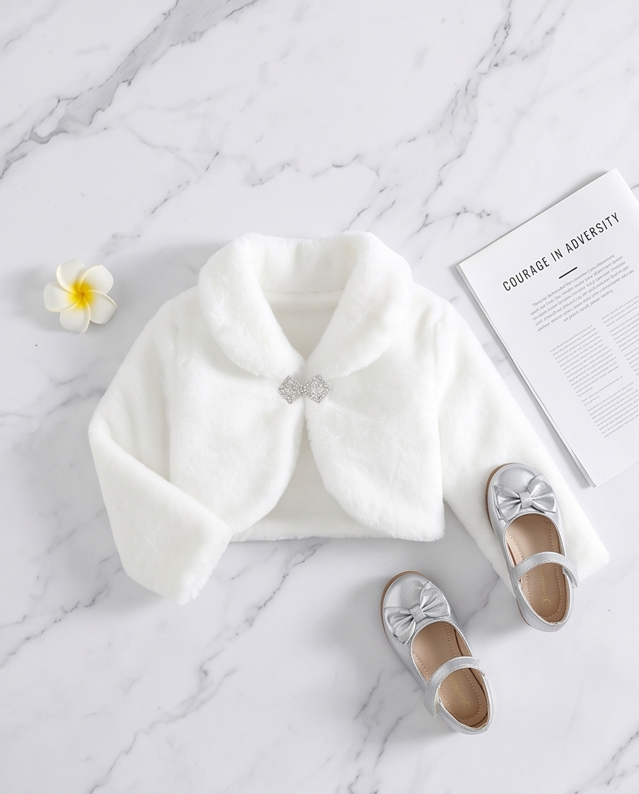 White baby outfit with a hat and shoes on a marble surface