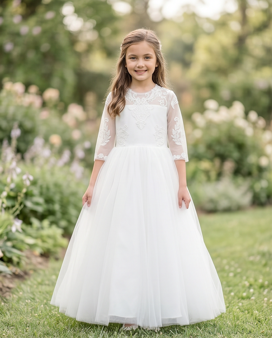 Young girl in a white lace dress standing in a garden.