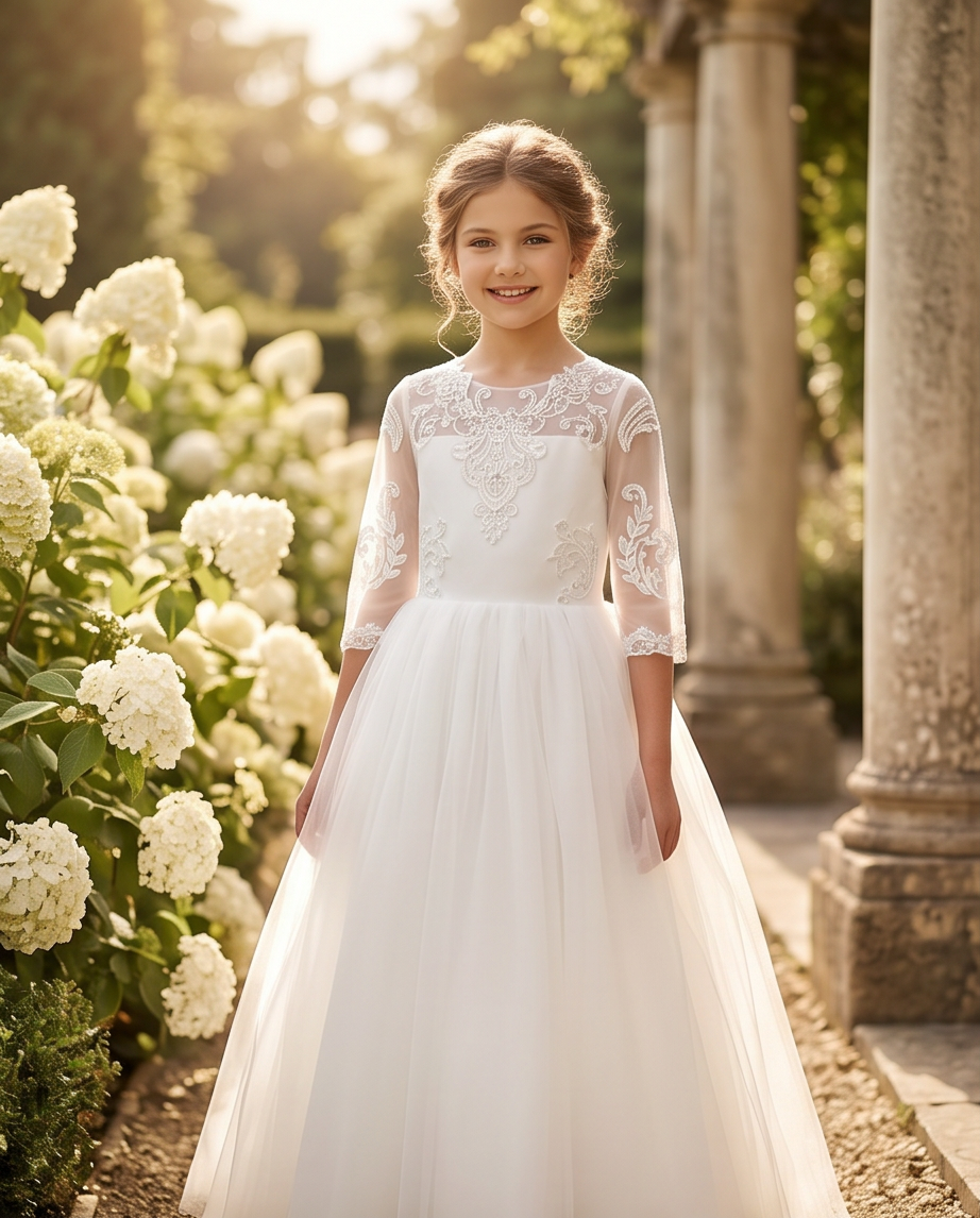 Young girl in a white lace dress standing in a garden with flowers and columns.