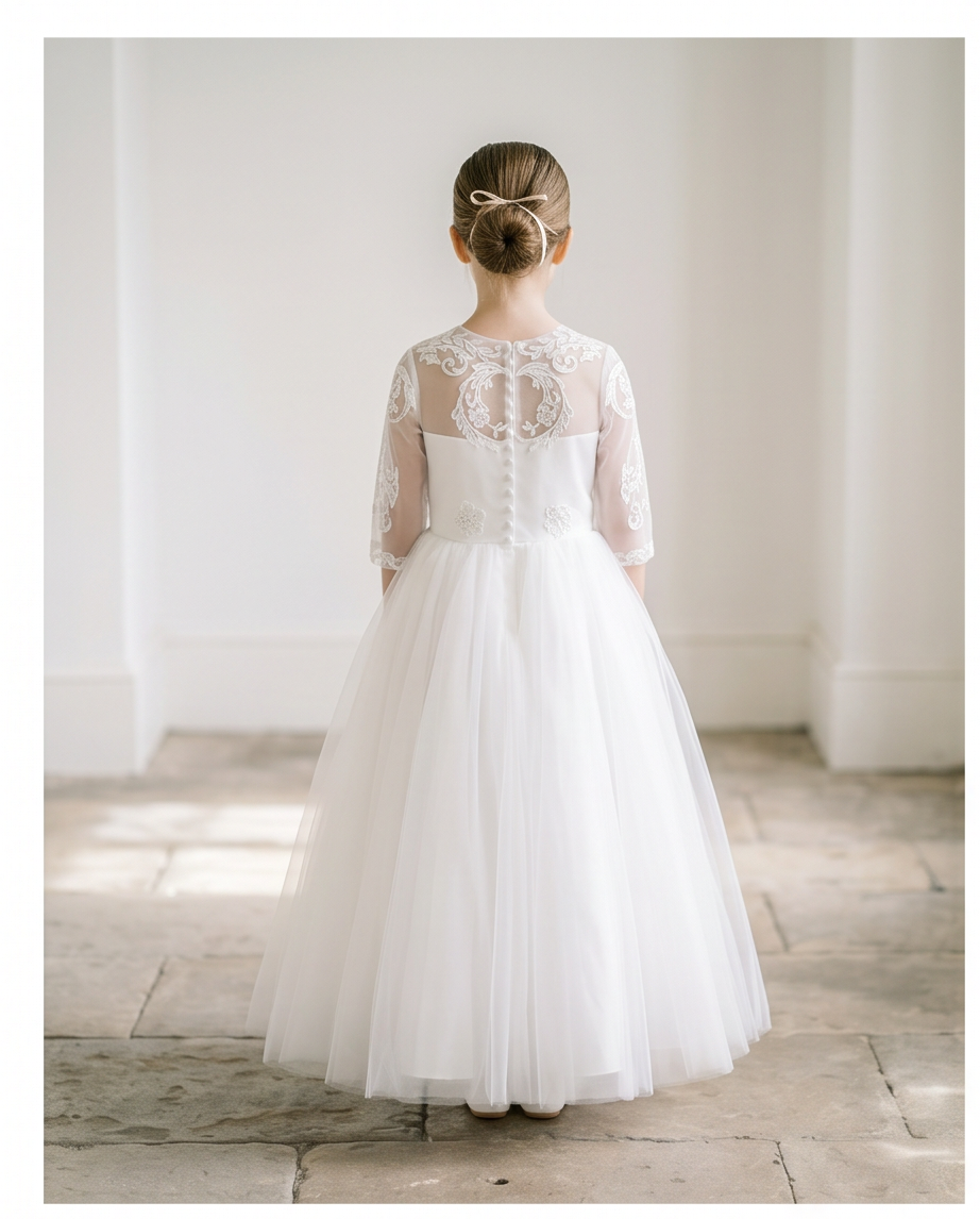 White lace dress worn by a person standing in a softly lit room.