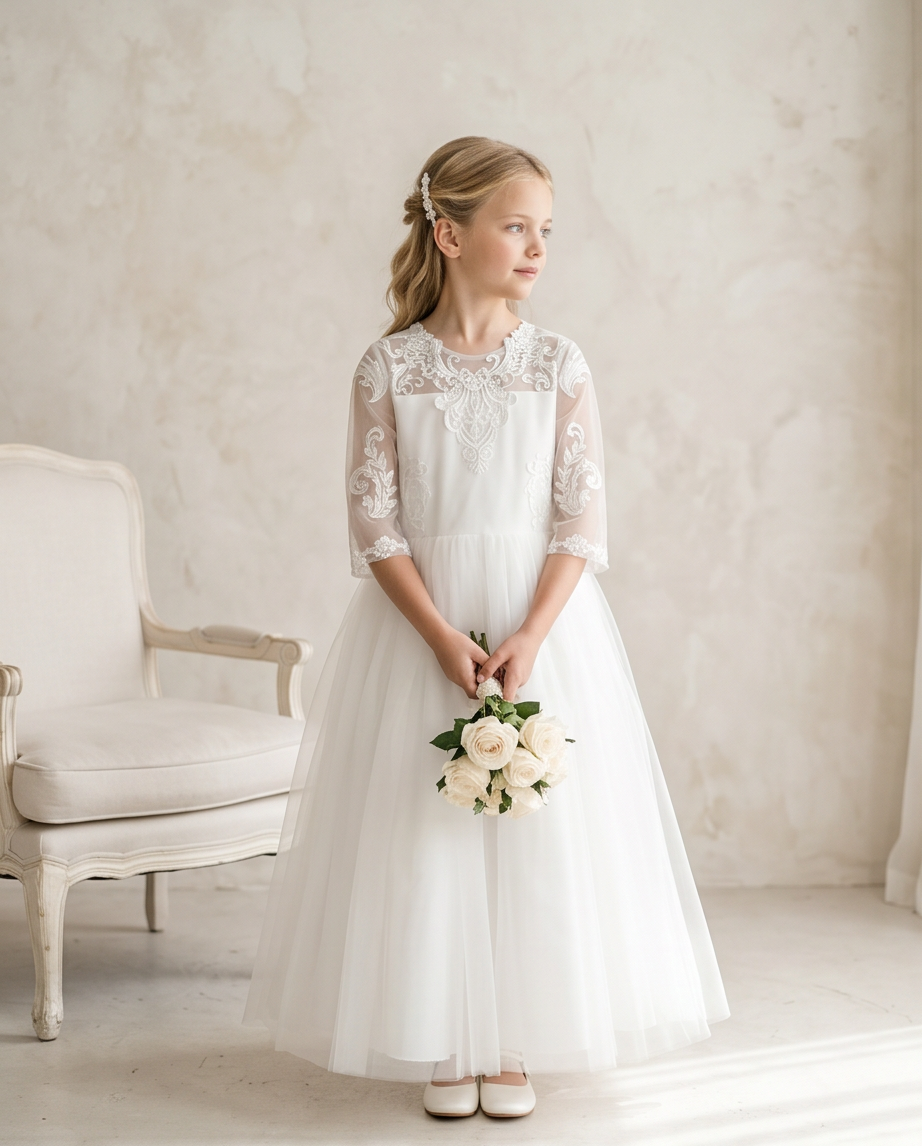 Young girl in a white lace dress holding flowers in a softly lit room.
