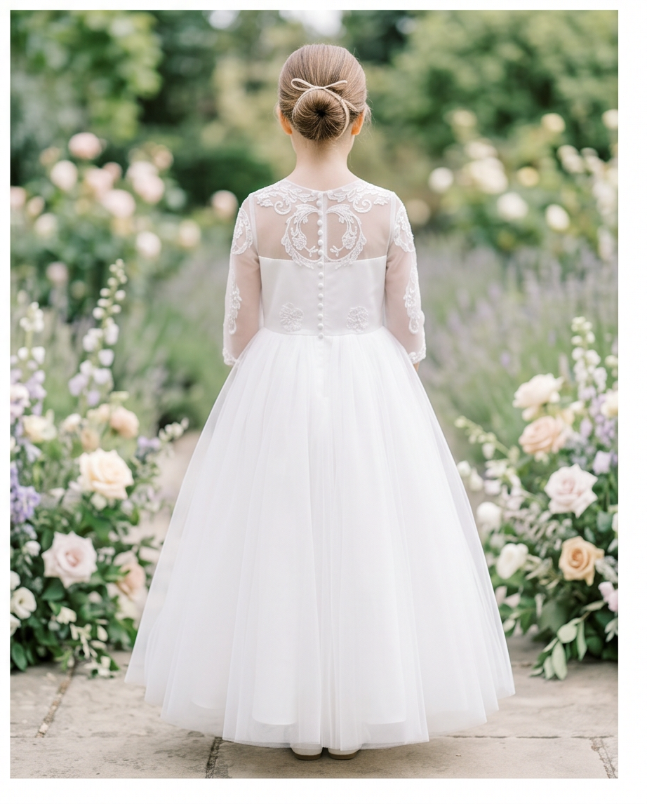Girl in a white wedding dress standing in a garden with flowers
