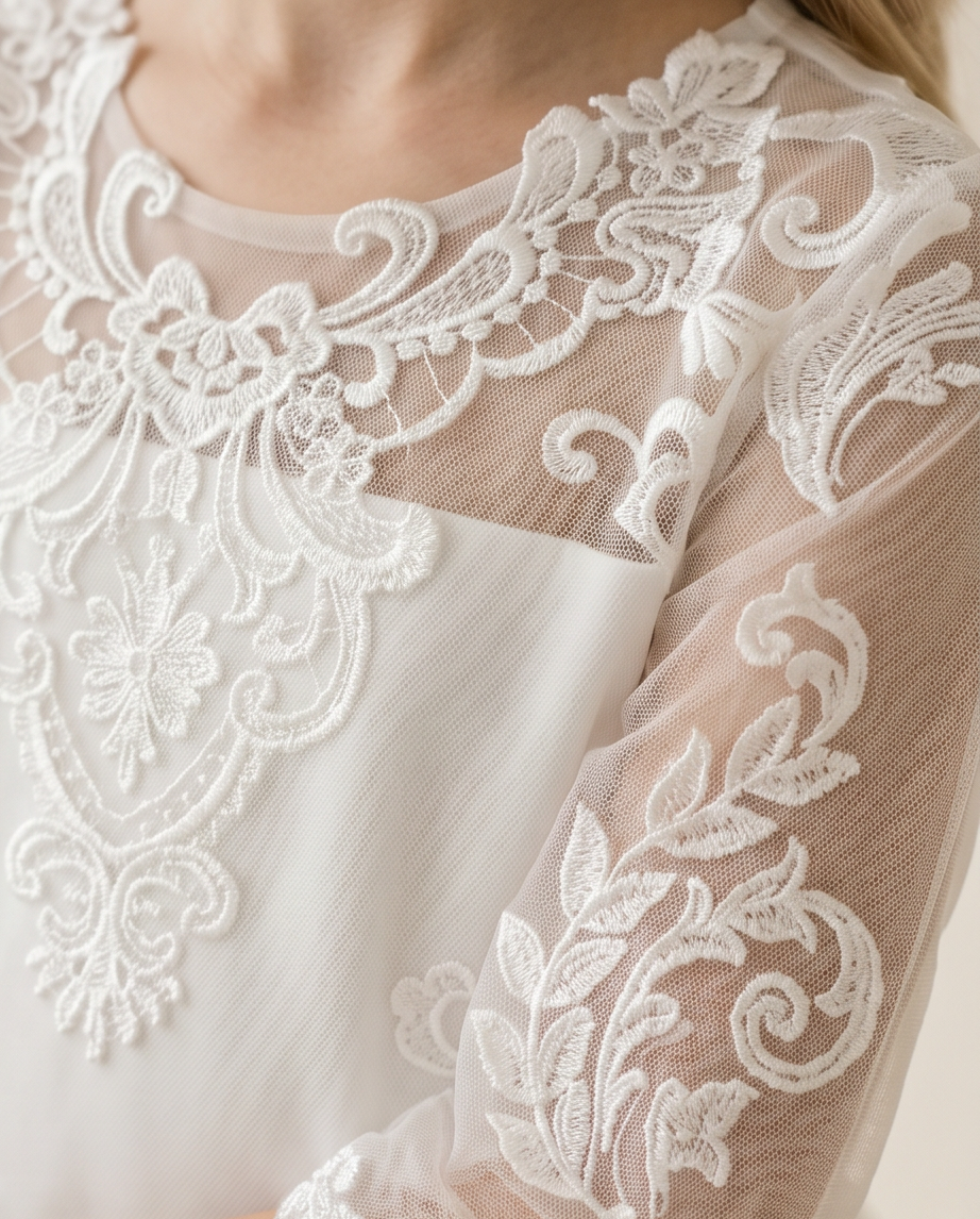 Close-up of a white lace garment with intricate patterns.